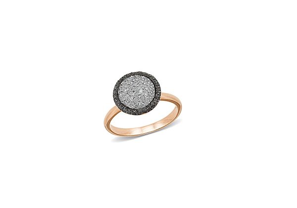 white and rose gold 18K ring with black and white diamonds